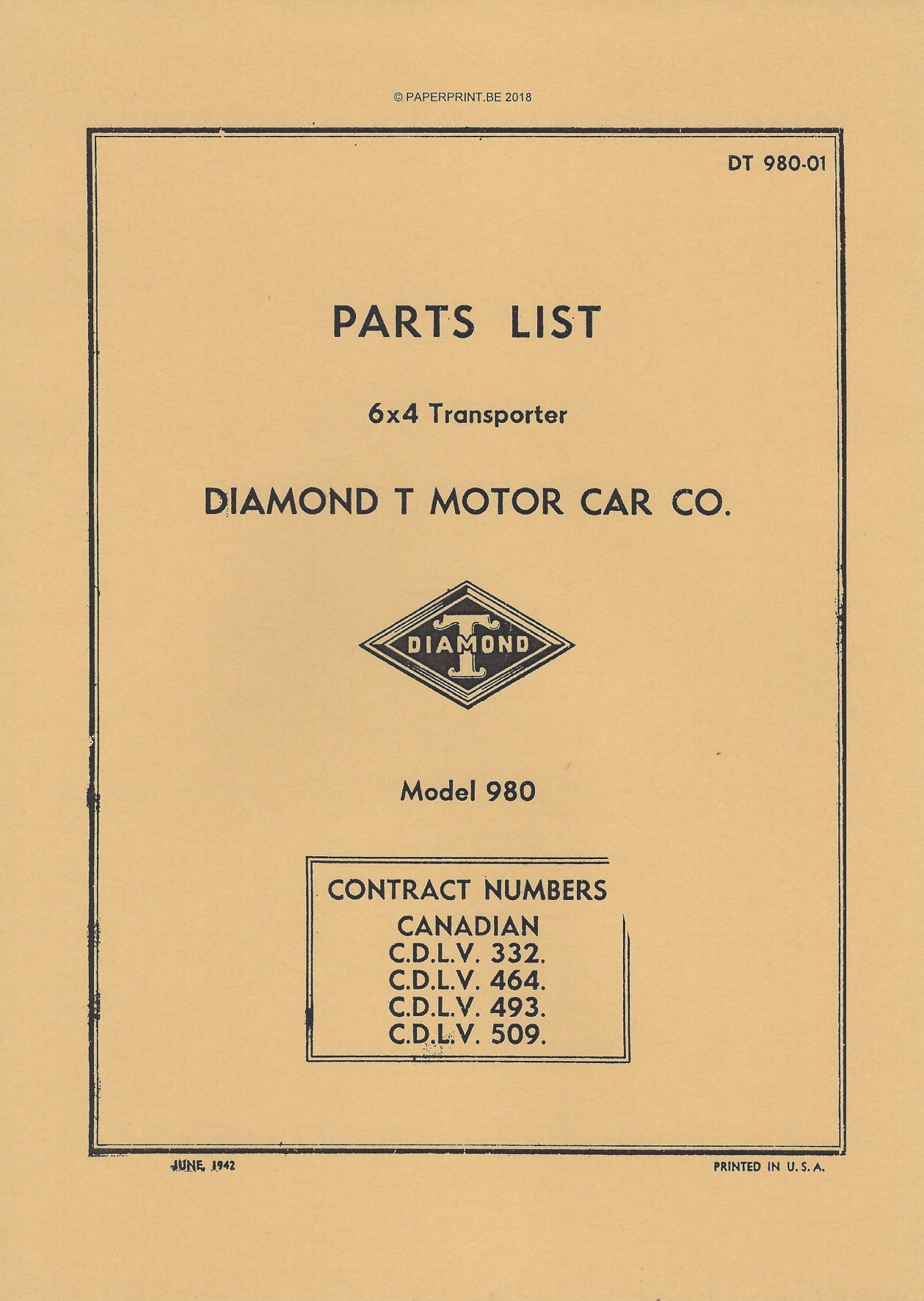 DT980-01 PARTS LIST CANADIAN DIAMOND T 980